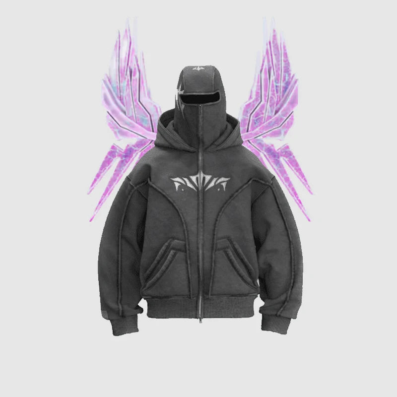 Y2K Phantom Hoodie Zip Up Double Hat Balaclava Embroidery