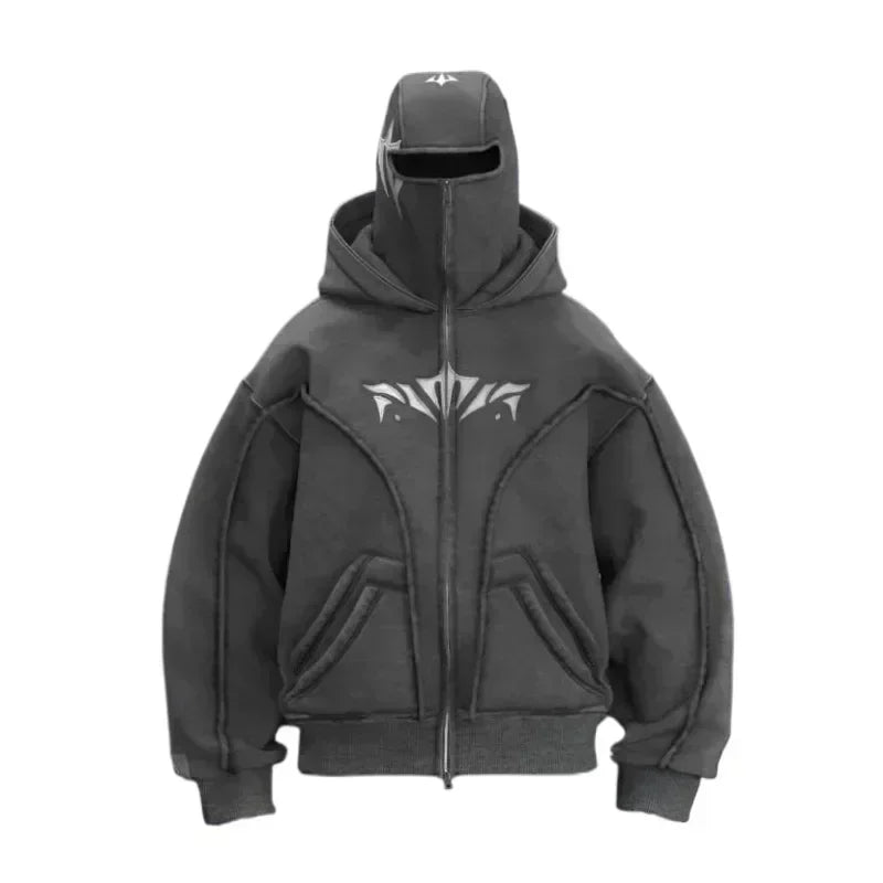 Y2K Phantom Hoodie Zip Up Double Hat Balaclava Embroidery