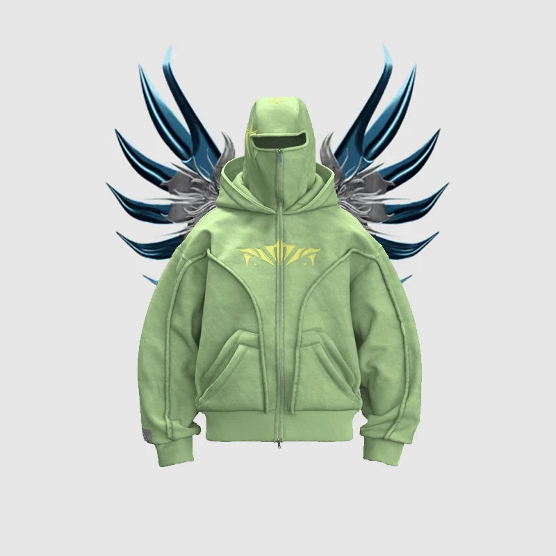 Y2K Phantom Hoodie Zip Up Double Hat Balaclava Embroidery Y2K Phantom Hoodie Zip Up Double Hat Balaclava Embroidery