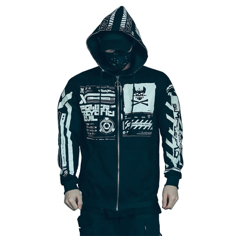 Mens Black Hoodies Proximity Allert Hoodie Black Japanese Techwear