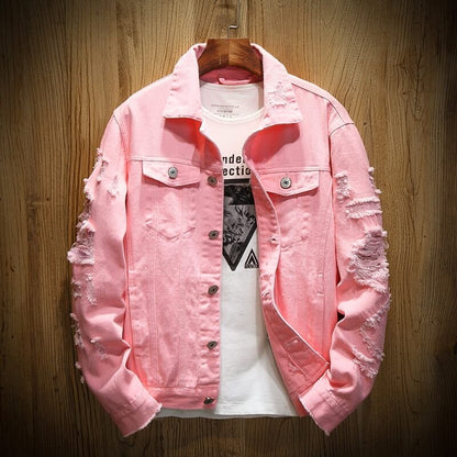 Ripped pink denim jacket slim fit cotton denim jackets Coats & Jackets Pink / XXXL Infinit Store Infinit Store Infinit Sneakers