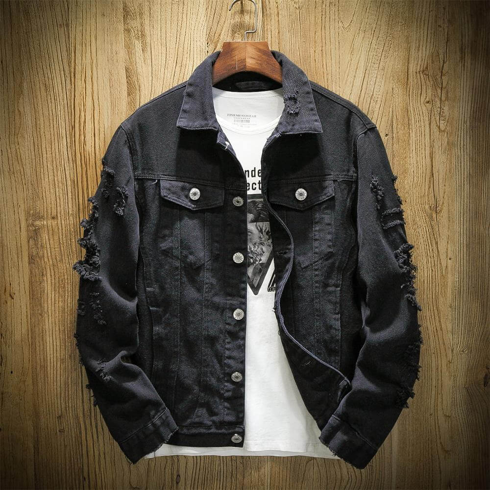 Ripped Black denim jacket slim fit cotton denim jackets Coats & Jackets Black / XXL Infinit Store Infinit Store Infinit Sneakers